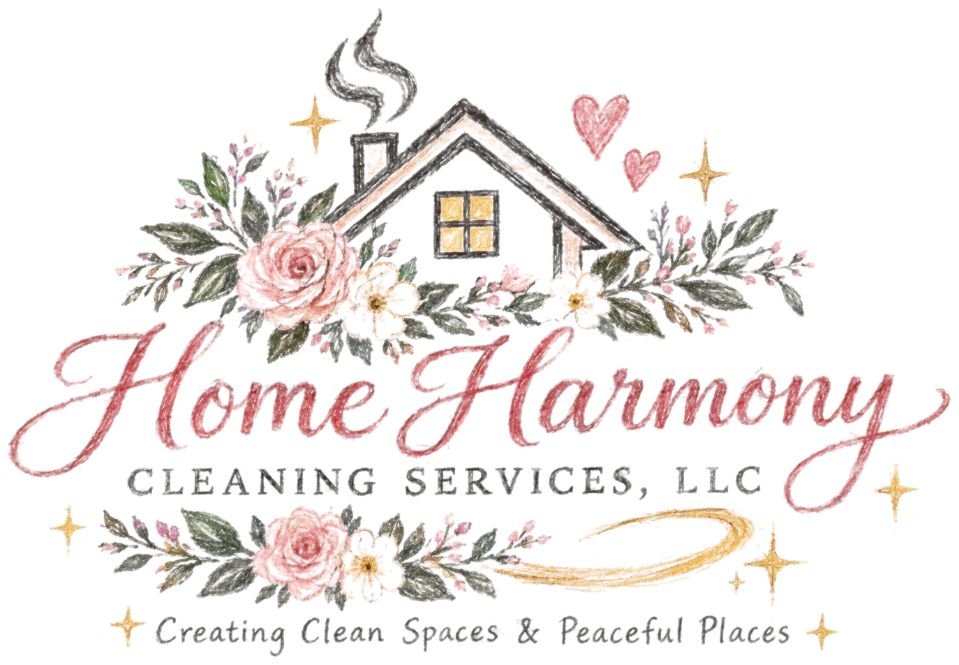 Home Harmony Cleaning Services LLC logo: a hand-drawn house with roses, hearts and gold sparkles. Creating Clean Spaces & Peaceful Places.